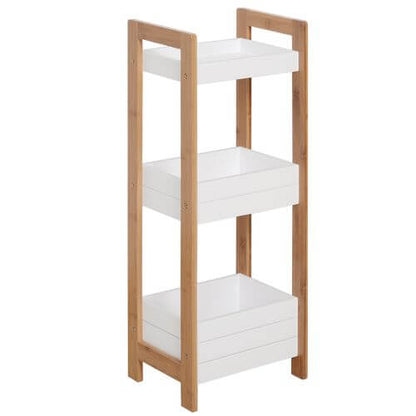 3-tier bamboo bathroom shelves with white storage baskets, eco-friendly and sustainable design.