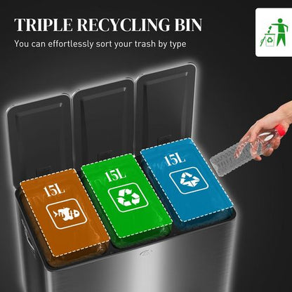 HOMCOM 3 x 15L Triple Kitchen Bin Pedal Bin for Recycling and Waste, Black