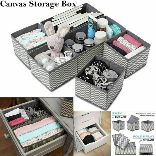 Canvas Drawer Organiser Foldable Storage Boxes - Set of 6 | Wardrobe Organiser Dividers