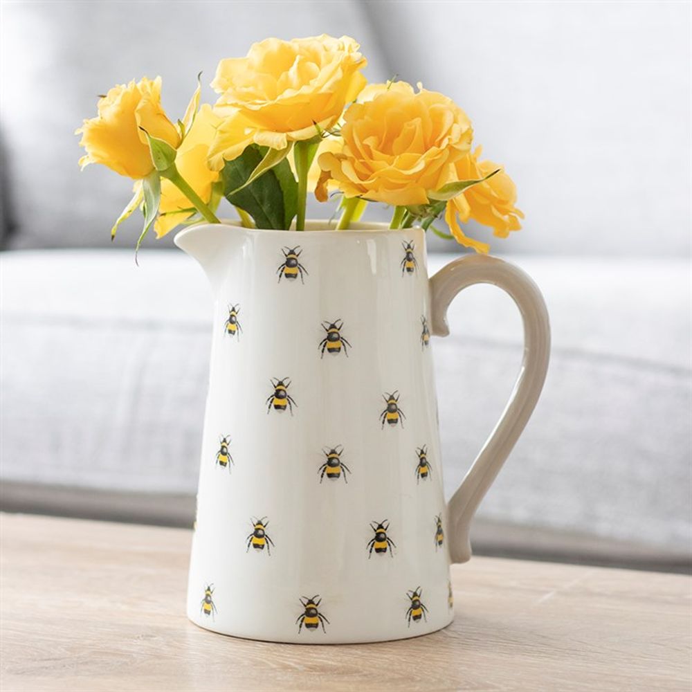 White Ceramic Flower Jug With Bee Design With Flowers
