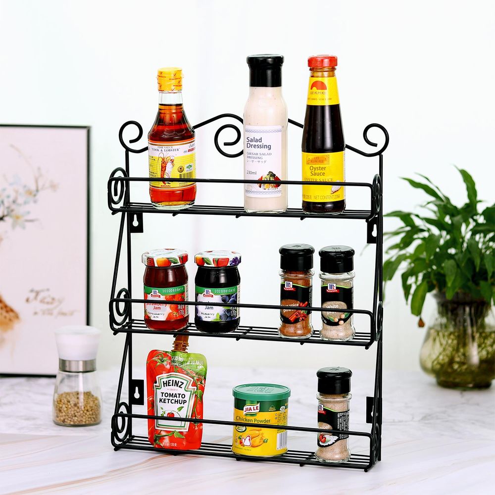 Spice Rack 3 Tiers Space Saving Free Standing Wall Mountable Black
