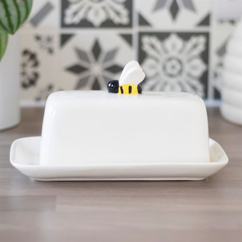 White Butter Dish With Bee Handle 