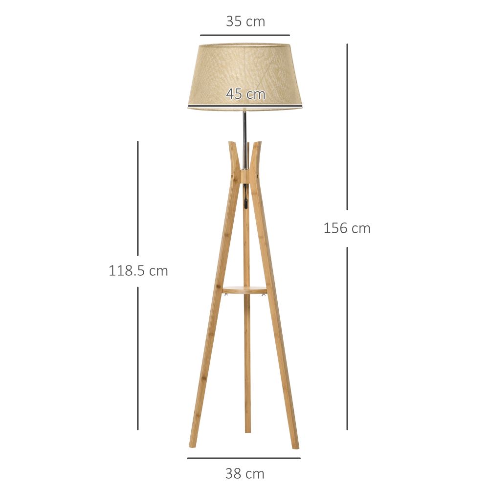 Beige Fabric Shade Tripod Floor Lamp With Storage Shelf