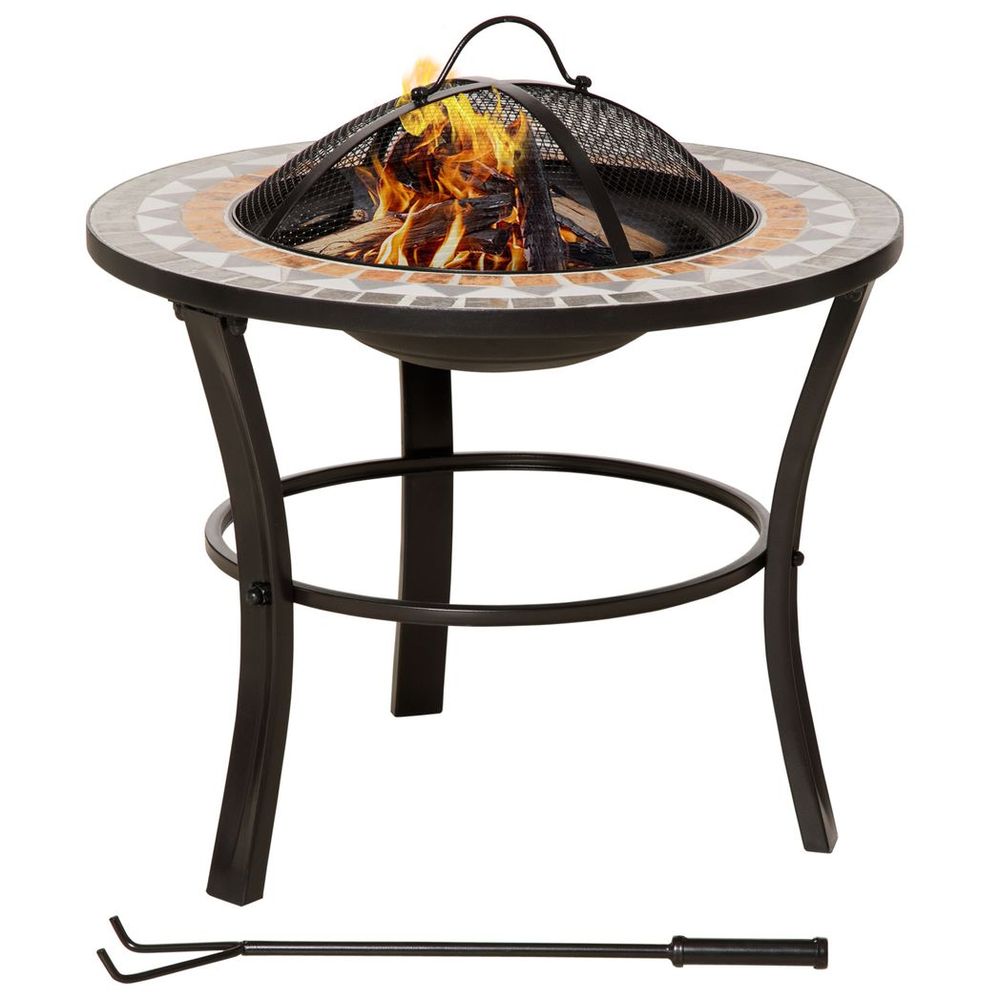 60cm Outdoor Fire Pit Table with Mosaic Outer, Spark Screen Cover and Fire Poker