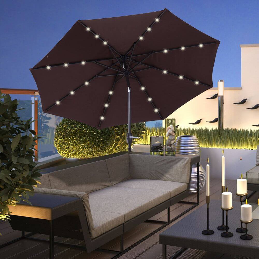 Brown 24 LED Light Garden Tilt Parasol