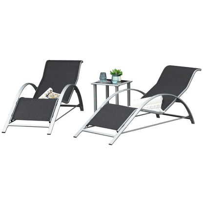 Set of 2 Black Lounge Garden Sunbathing Chairs with Centre Table White Background