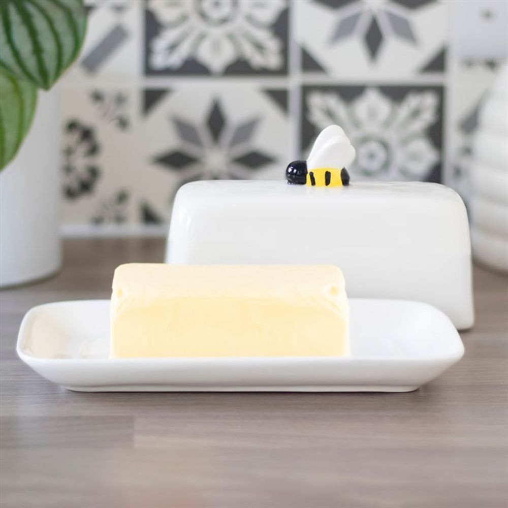 Open White Butter Dish With Bee Handle 