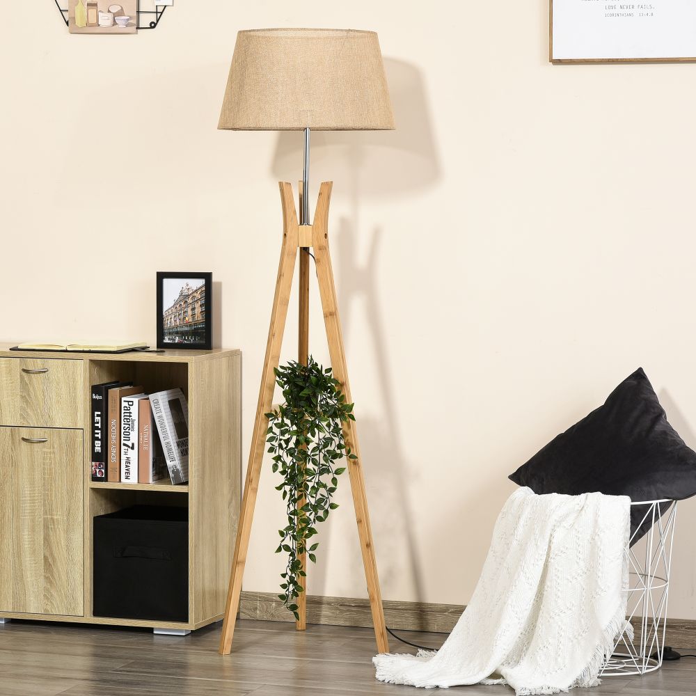 Beige Fabric Shade Tripod Floor Lamp With Storage Shelf