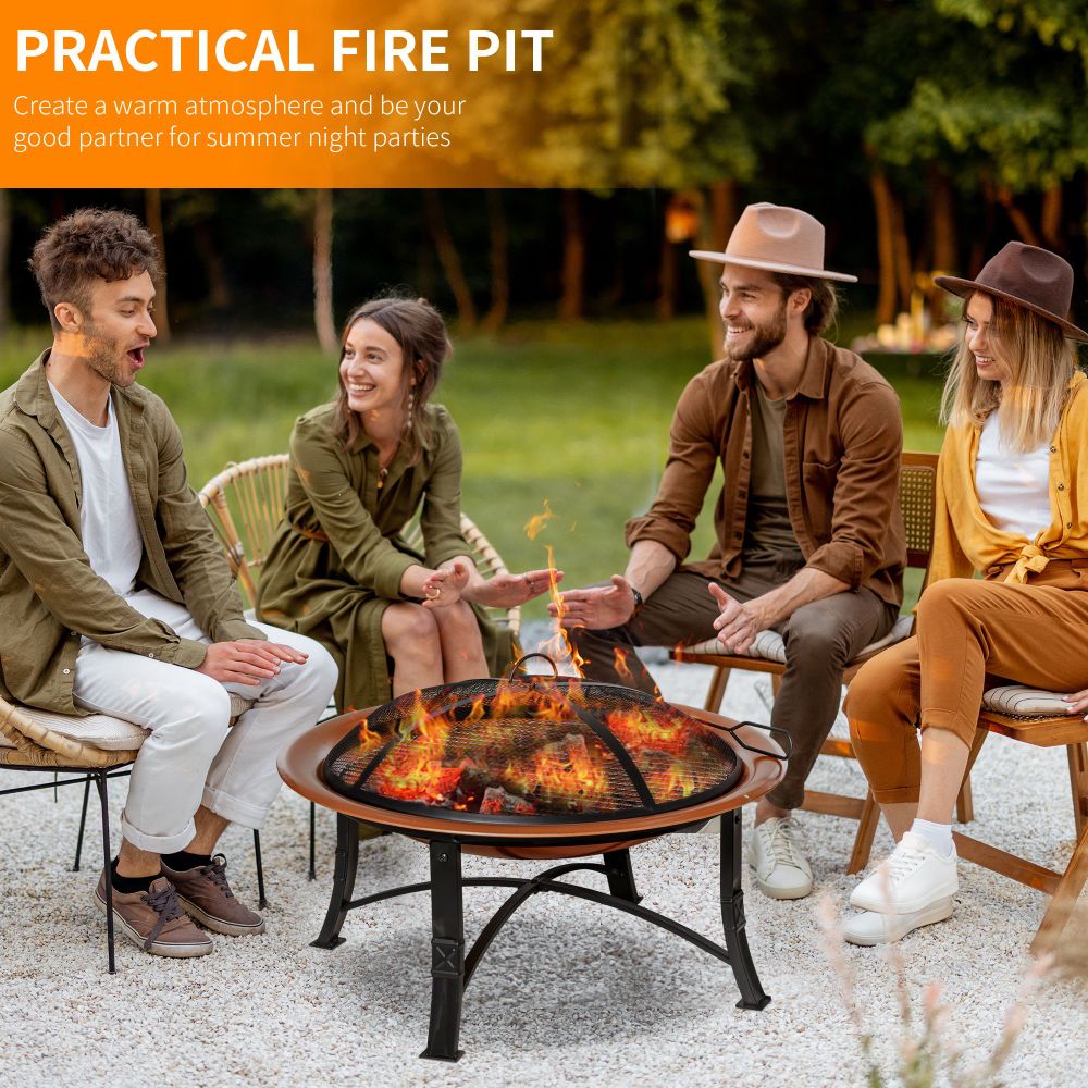 Outdoor Patio Steel Fire Pit Bowl With Spark Screen Cover Features