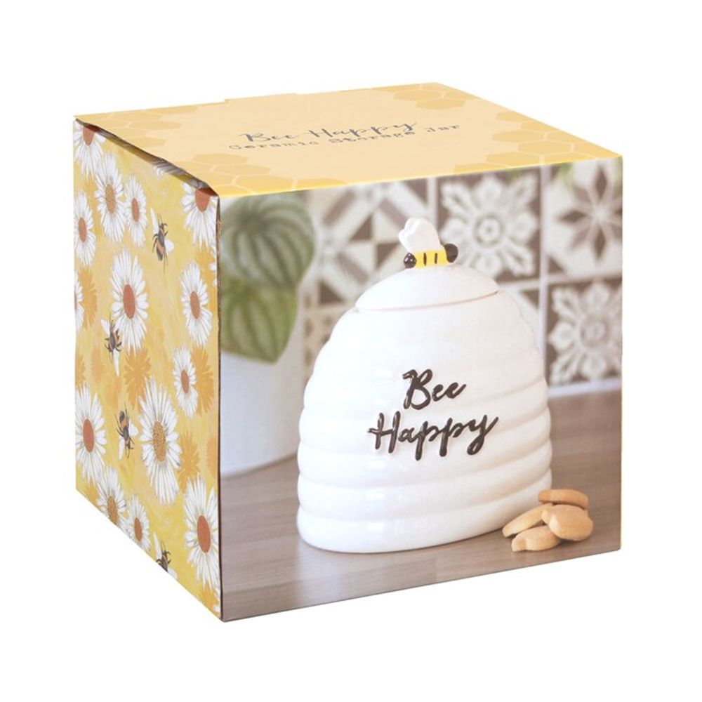 Boxed Bee Happy White Ceramic Storage Jar With Bee Handle