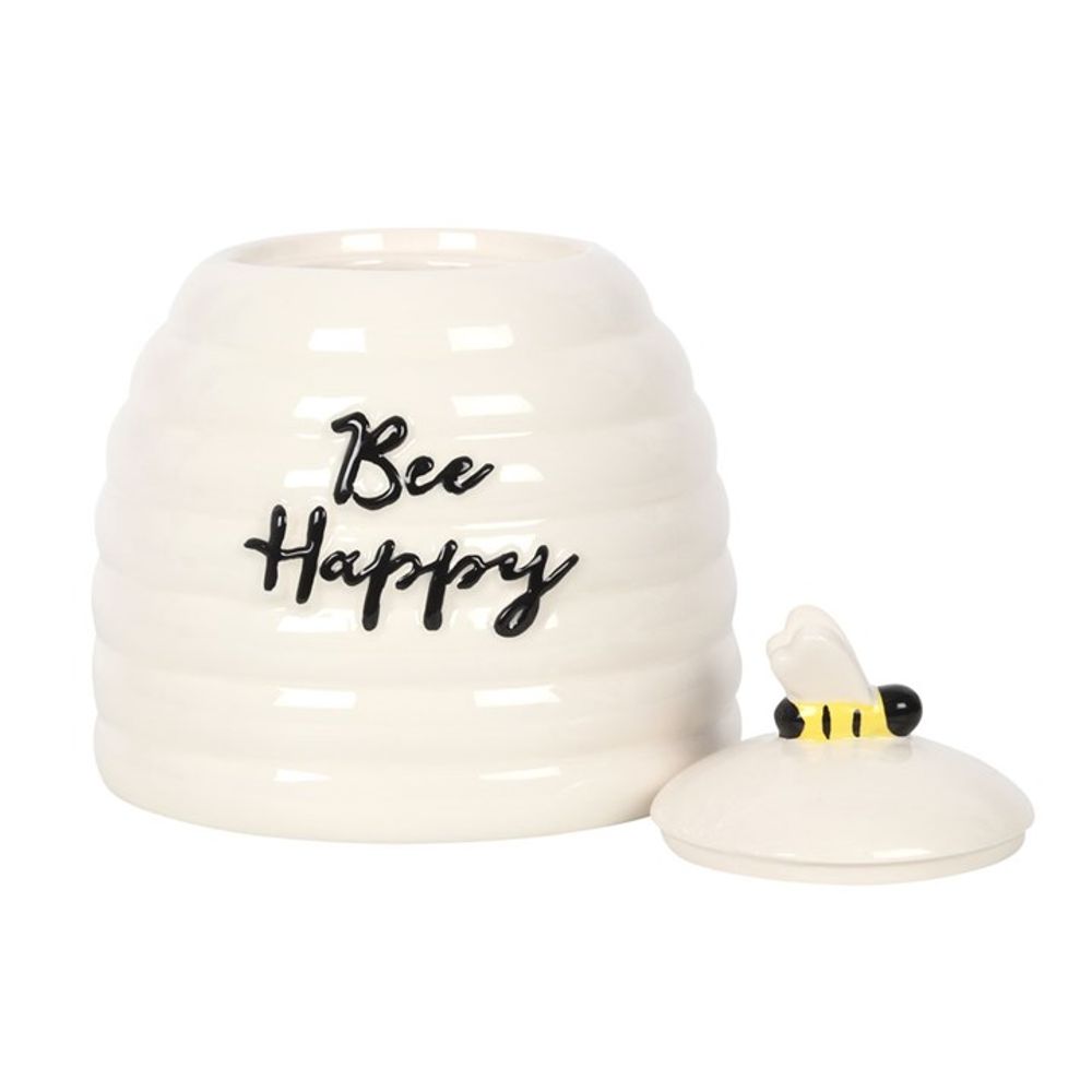 Open Bee Happy White Ceramic Storage Jar With Bee Handle