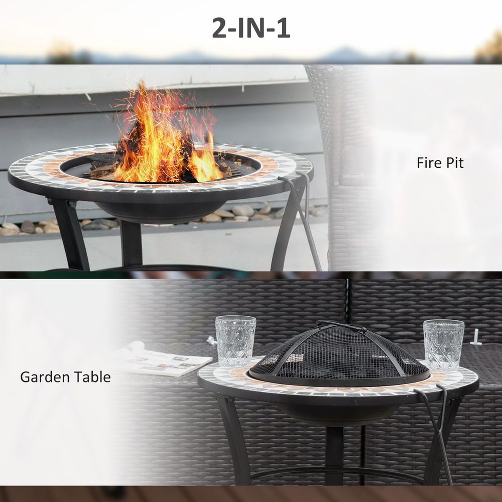 60cm Outdoor Fire Pit Table with Mosaic Outer, Spark Screen Cover and Fire Poker