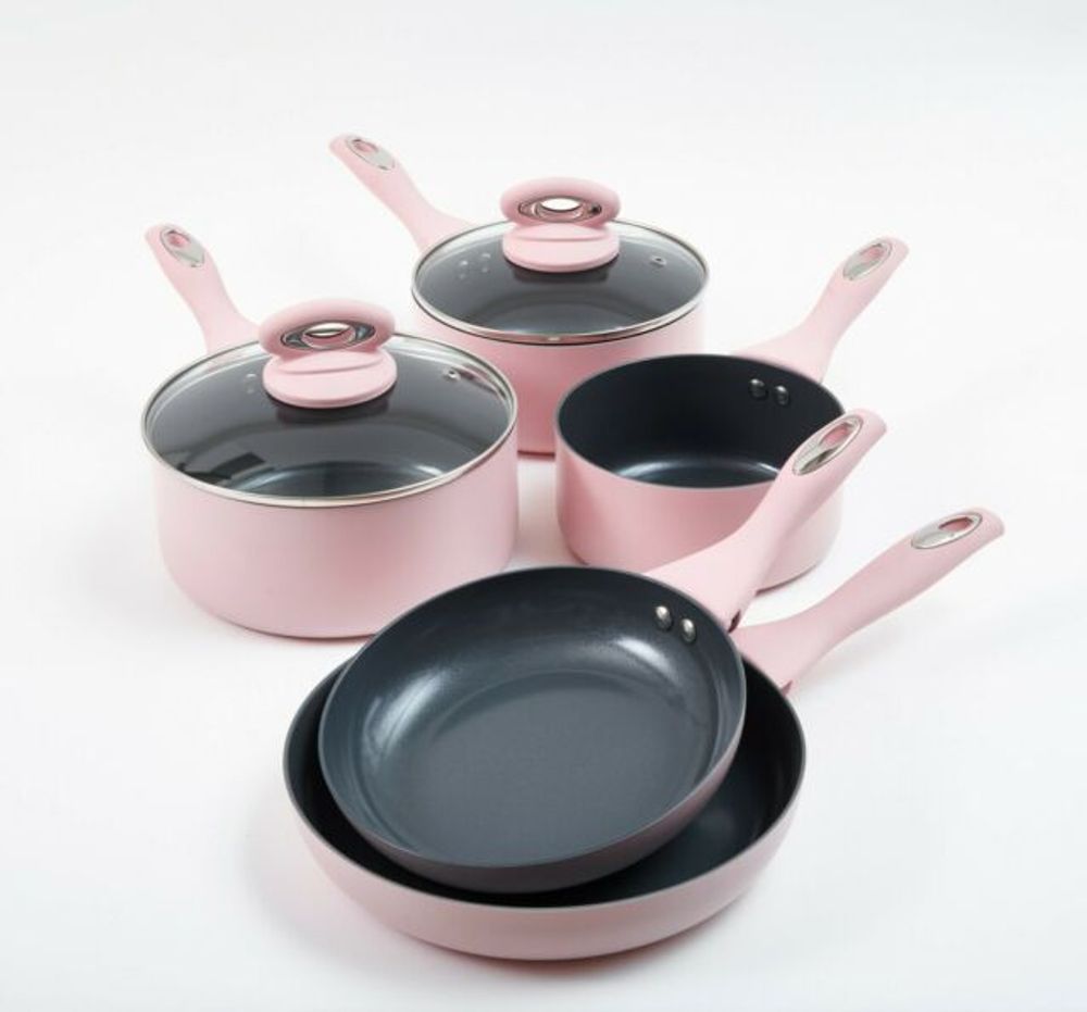 Cermalon Non-Stick 5-Piece Pan Set Matt Blush Pink with Grey Sparkle Ceramic
