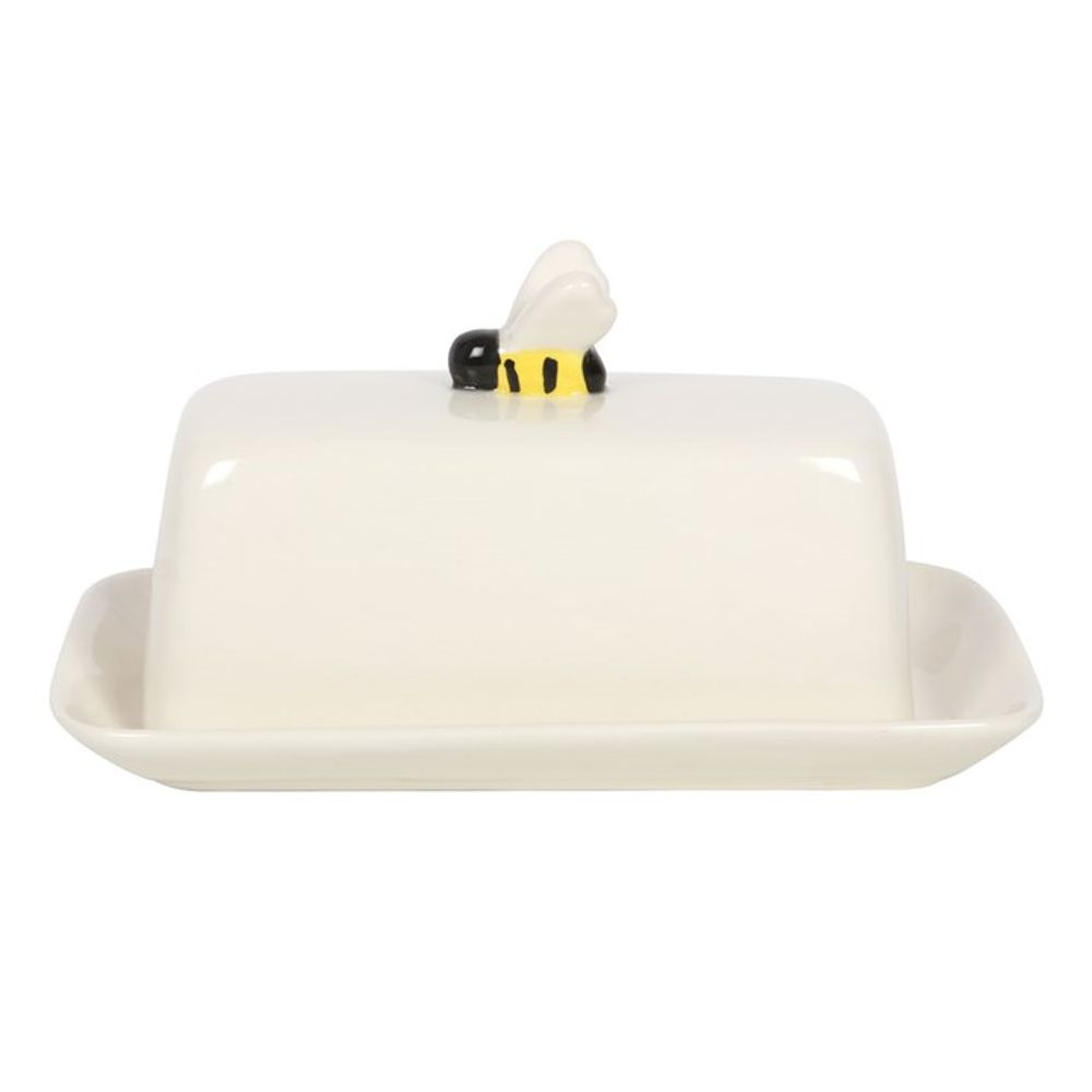 White Butter Dish With Bee Handle On White Background
