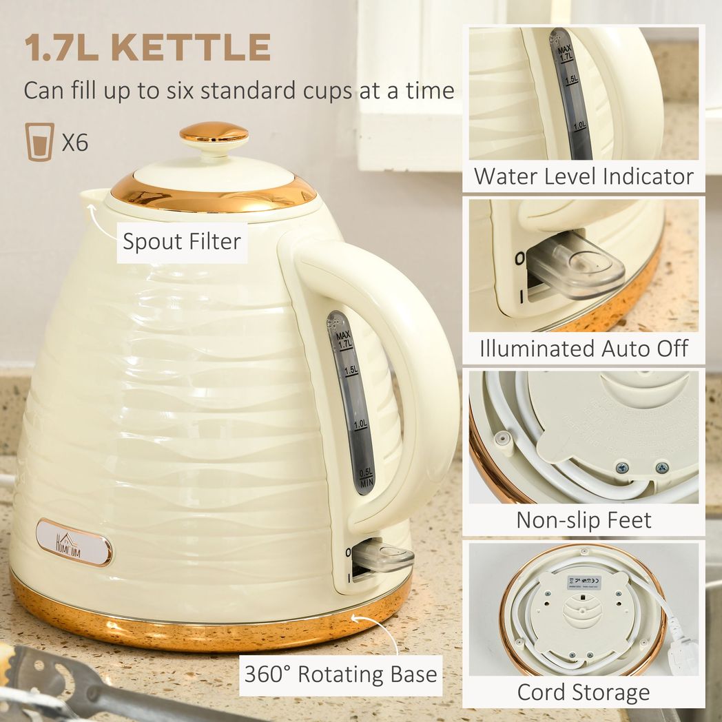 HOMCOM Kettle and Toaster Set 1.7L Rapid Boil Kettle & 4 Slice Toaster Beige