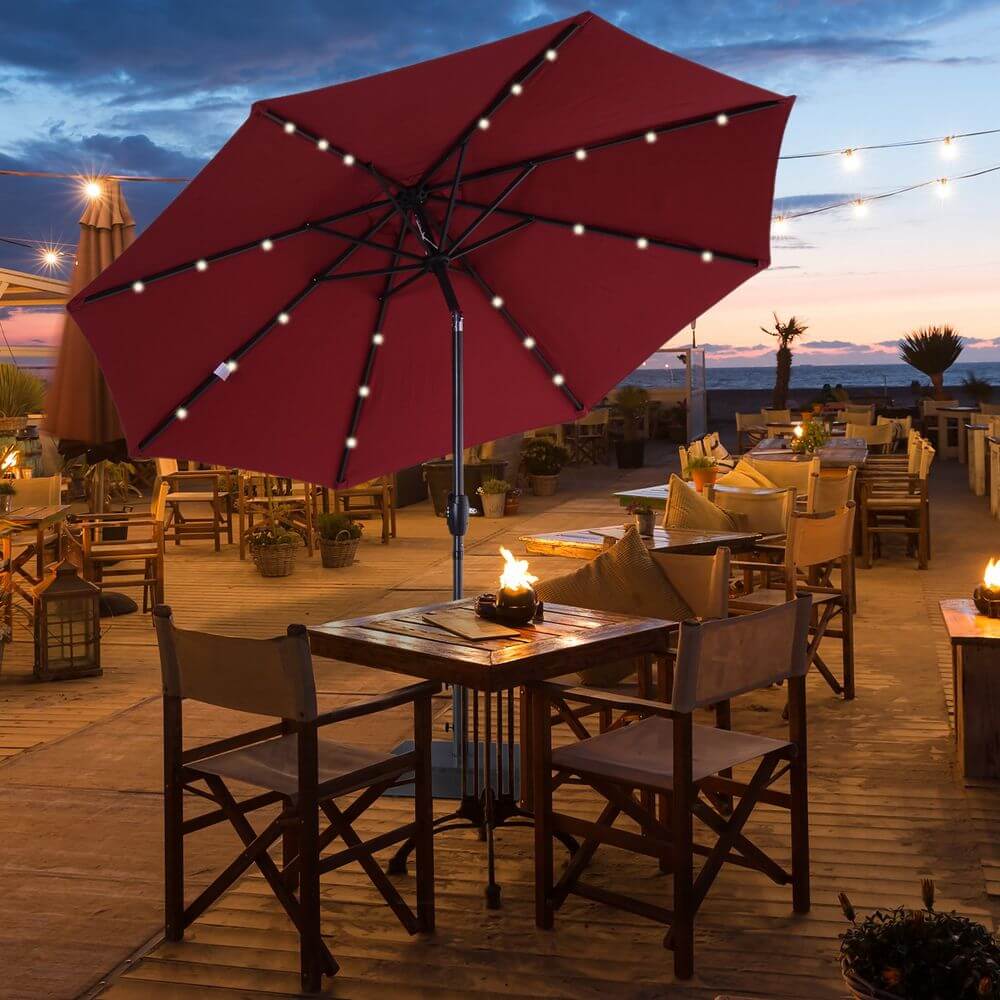 Grey 24 LED Light Patio Tilt Sun Umbrella
