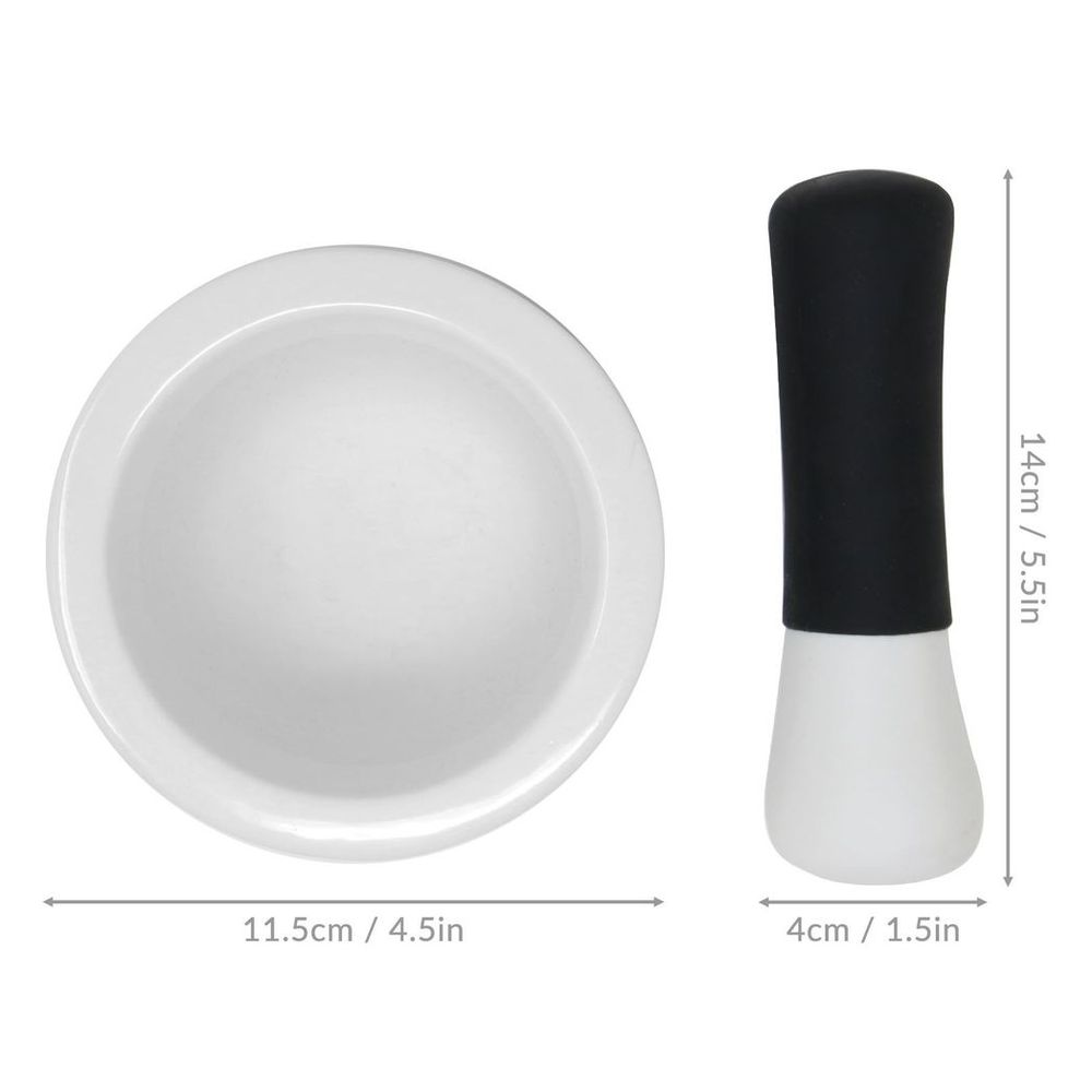 Ceramic Pestle & Mortar Set White Measurements On White Background