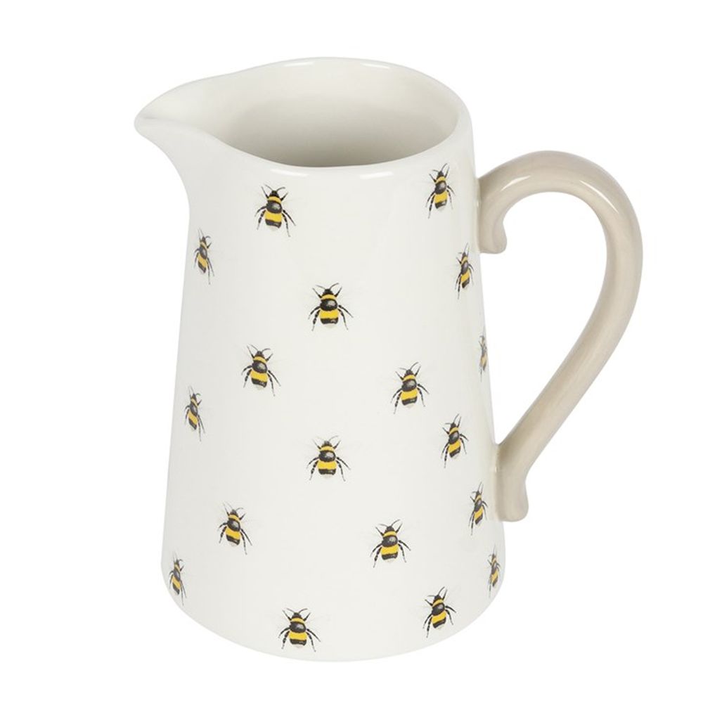 White Ceramic Flower Jug With Bee Design On White Background