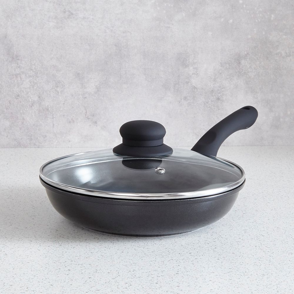 Cermalon Black Carbon Steel Frying Pan With Glass Lid