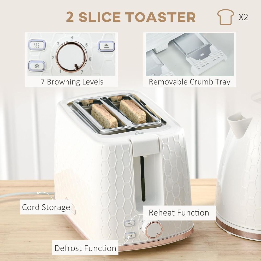 HOMCOM Fast Boil Kettle 1.7L & 2 Slice Toaster Set White