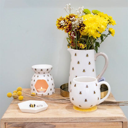 White Ceramic Flower Jug With Bee Design With Flowers