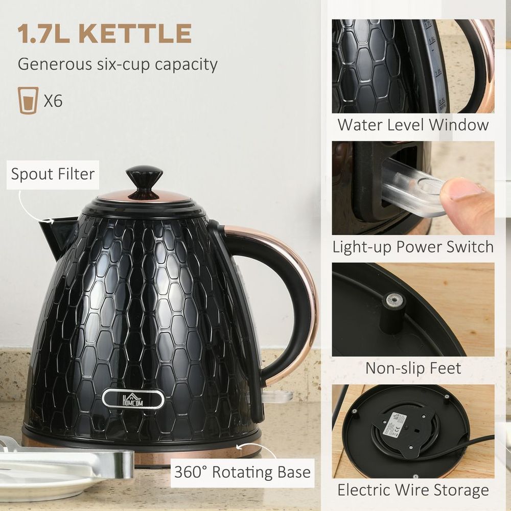 HOMCOM Fast Boil 1.7L Kettle & 2 Slice Toaster Set Black
